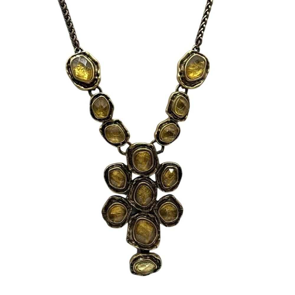 Lucky Brand Jonquil Topaz Lucite Lavaliere Bib Antique Gold Tone Necklace‎